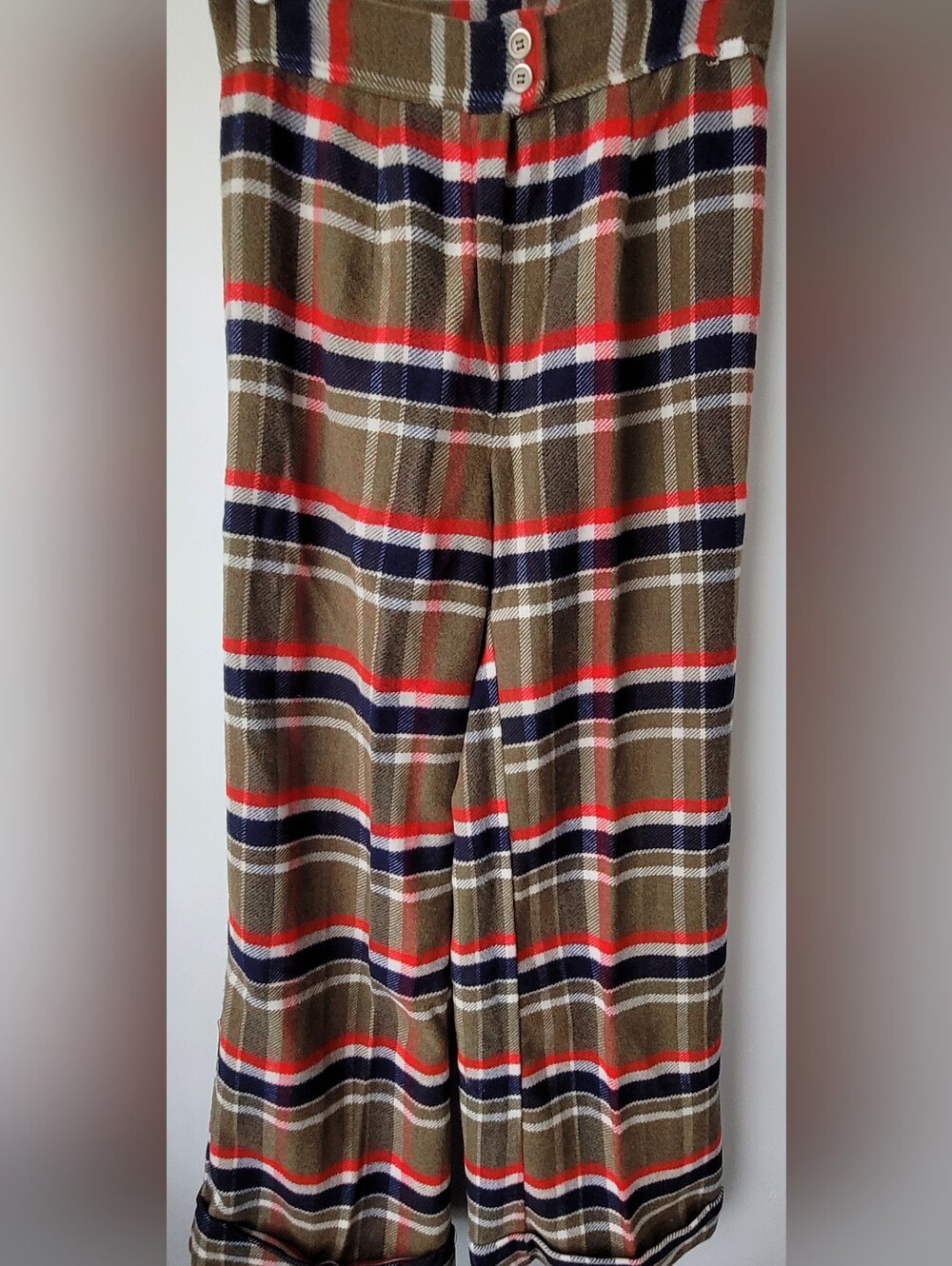 Vintage Women Plaid Pants Size 14 in Olive with Navy & Red Stripes